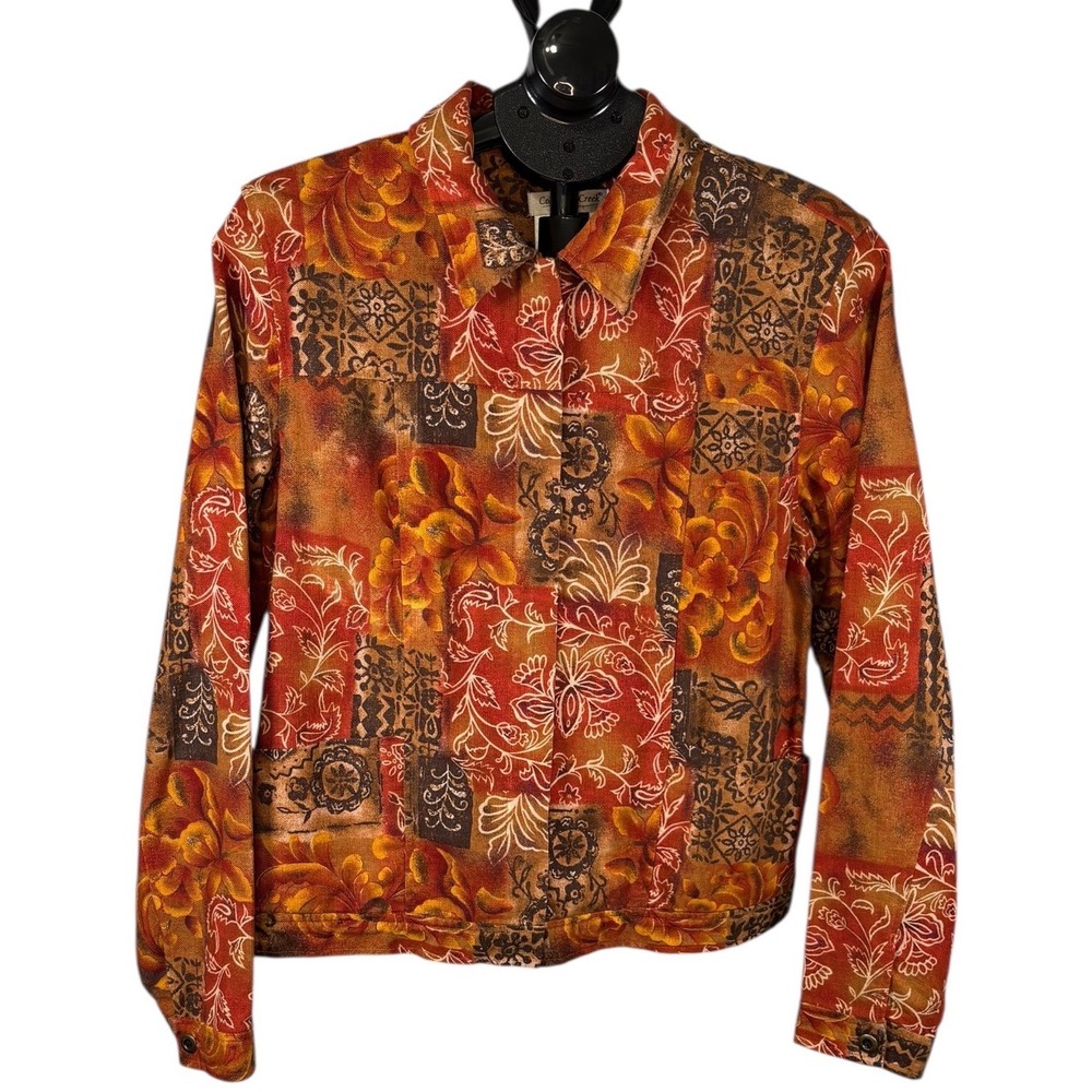 Coldwater Creek Womens Medium Orange Floral Patchwork Linen Cotton Jacket